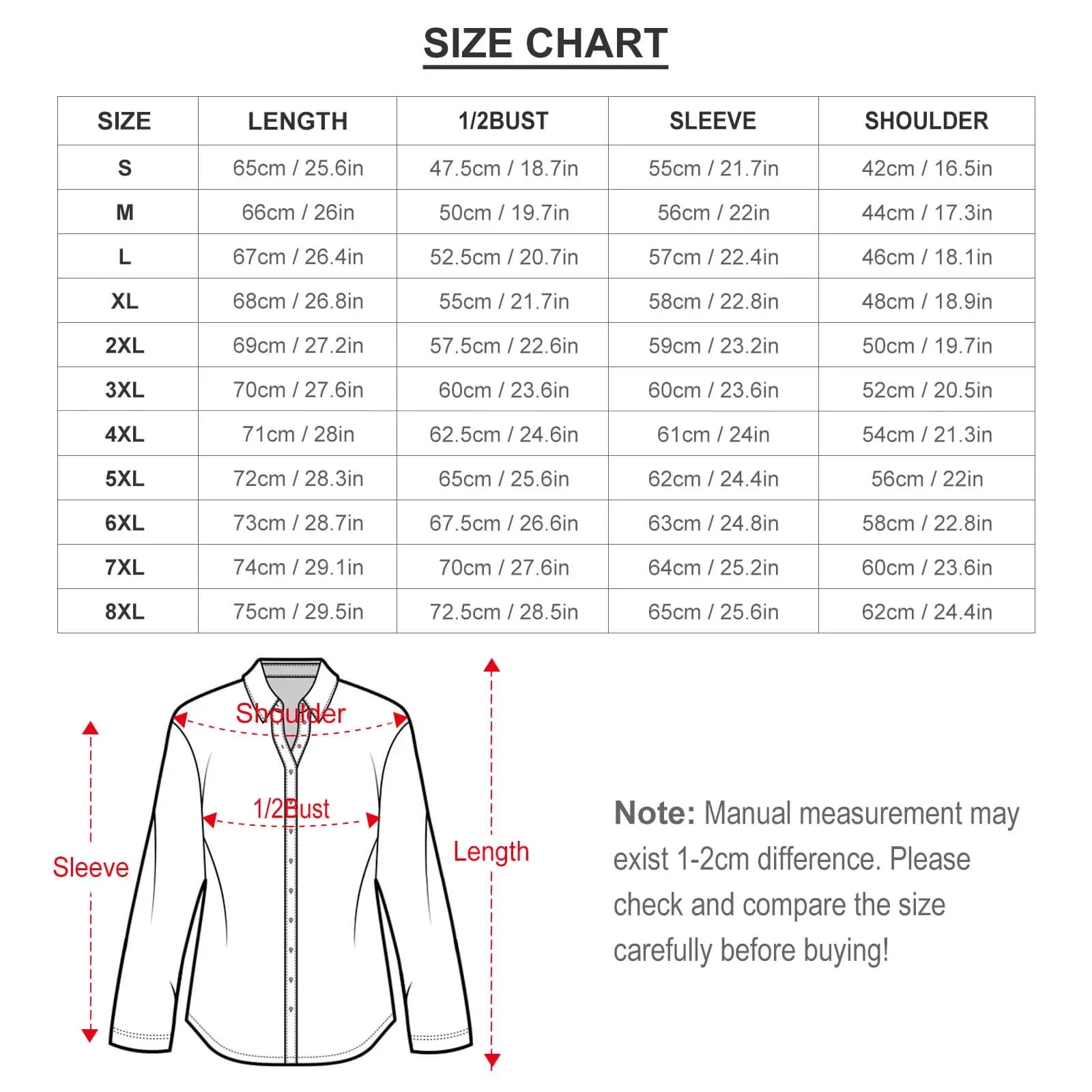 Unisex shirt size chart with measurements for length, bust, sleeve, and shoulder, plus diagram.