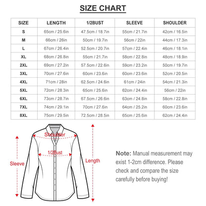 Unisex shirt size chart with measurements for length, bust, sleeve, and shoulder, plus diagram.