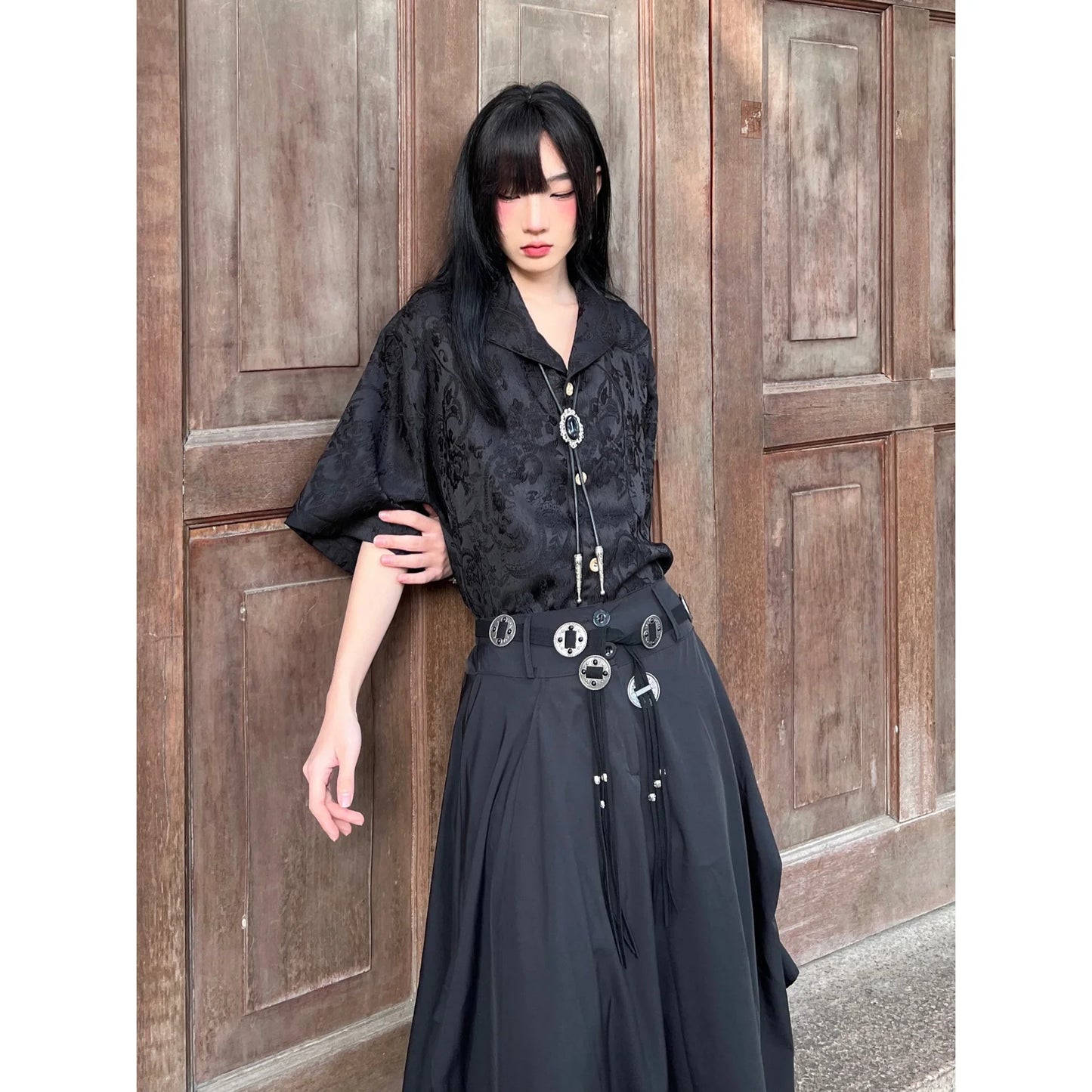 Jacquard shirt with loose design and short sleeved shirt