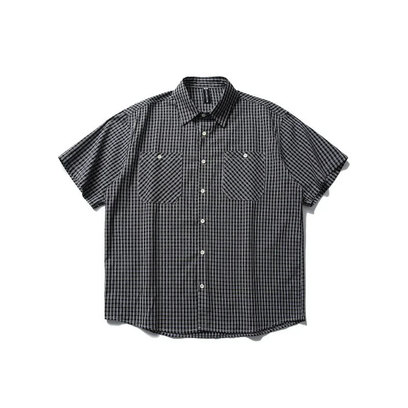Black and white checkered short-sleeve button-up camping shirt with two chest pockets