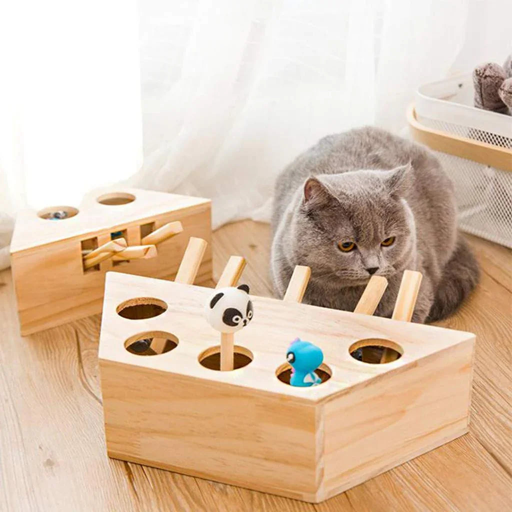 Cat Toy  Solid Wooden Interactive Maze Pet Hit Hamster With Five Holes Mouse Hole Catch Bite Catnip Funny Toy