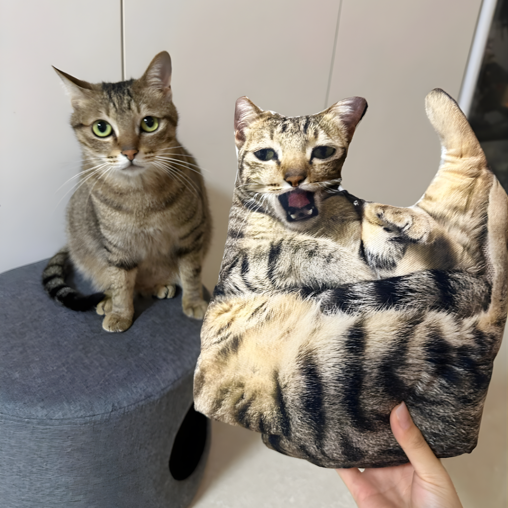 Cat sitting on a stool next to a phone case with a cat design.