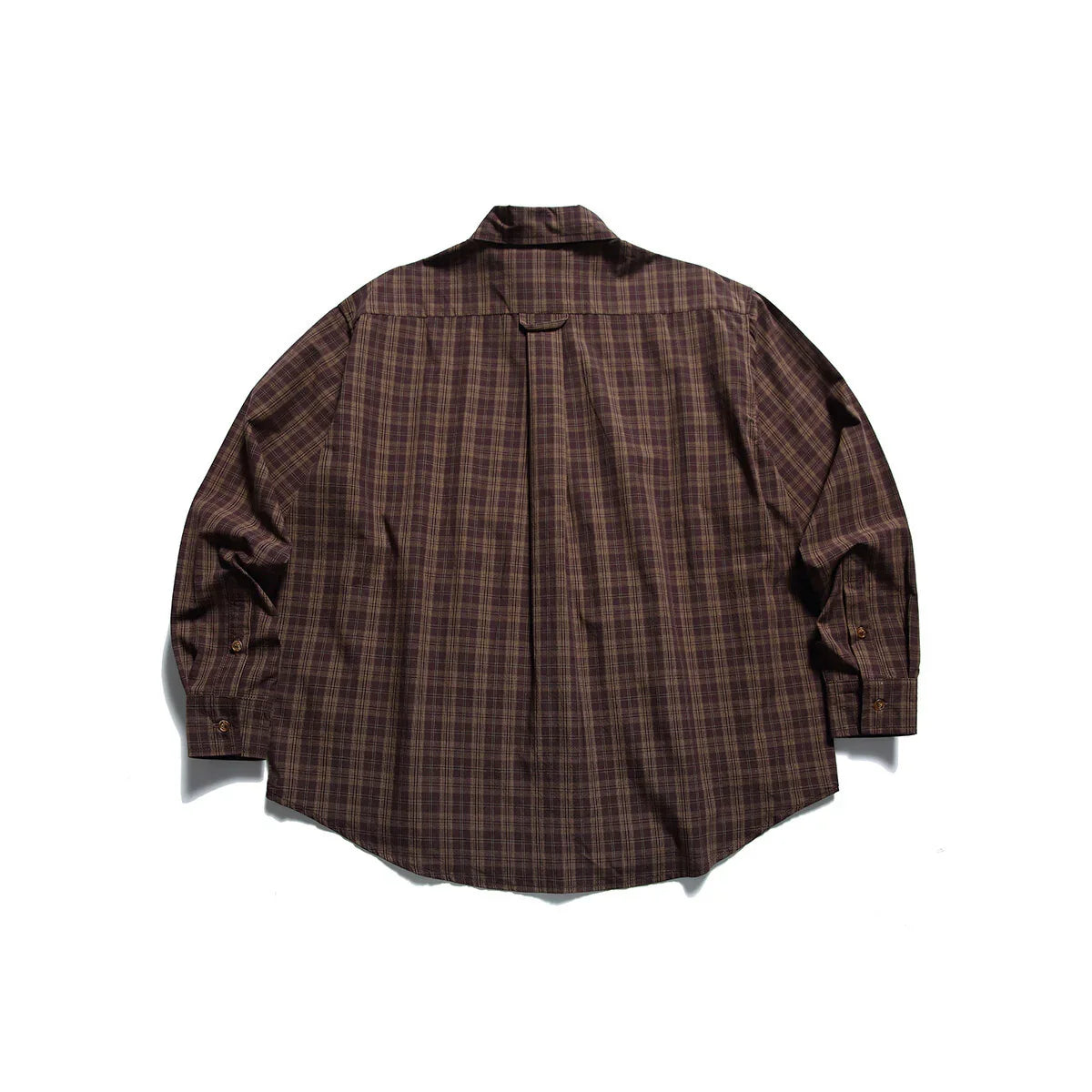 Brown plaid long-sleeve button-up shirt, back view, outdoor clothing