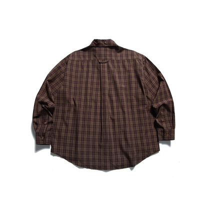 Brown plaid long-sleeve button-up shirt, back view, outdoor clothing