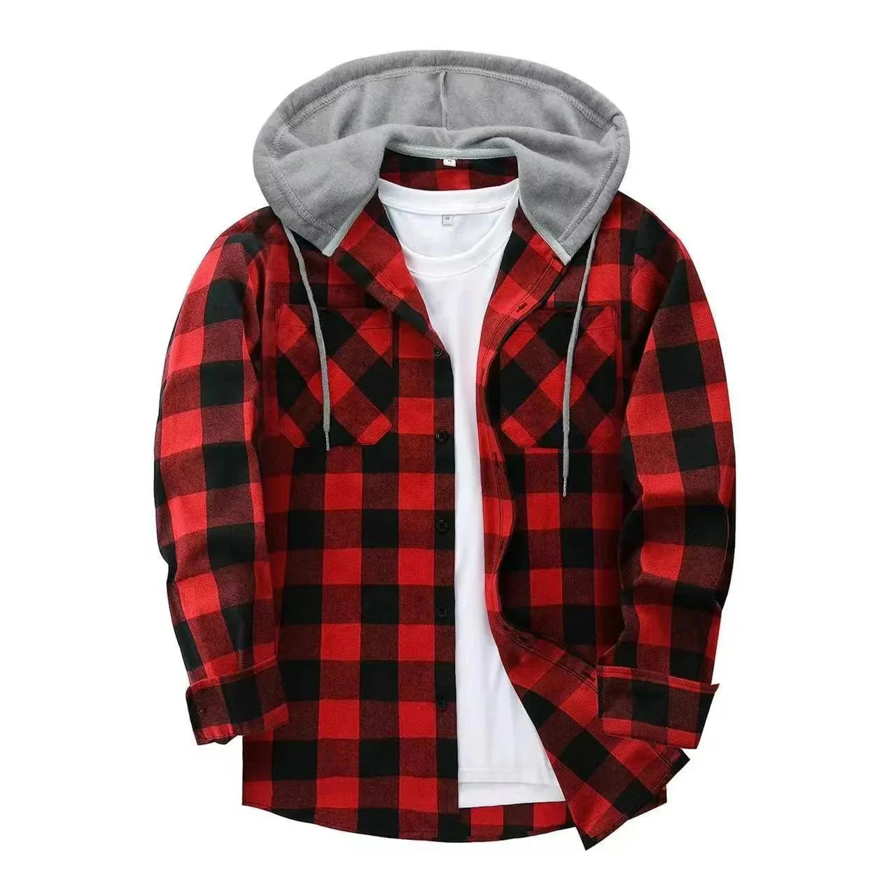 Red and black plaid flannel shirt with gray hood and white T-shirt, outdoor casual apparel
