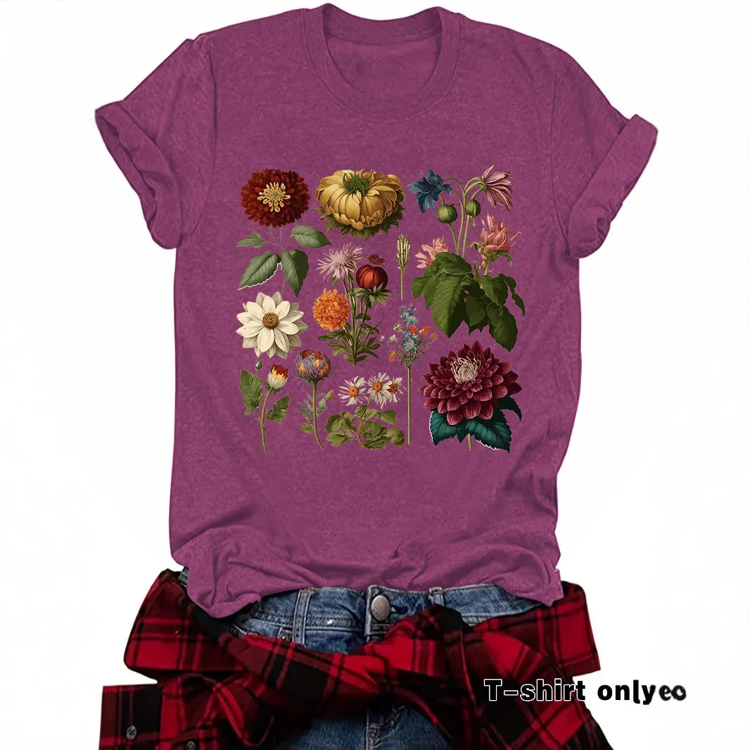 Purple t-shirt with colorful vintage floral print, casual jeans and plaid shirt style.