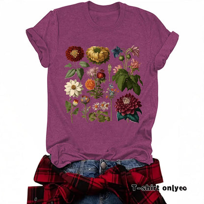 Purple t-shirt with colorful vintage floral print, casual jeans and plaid shirt style.