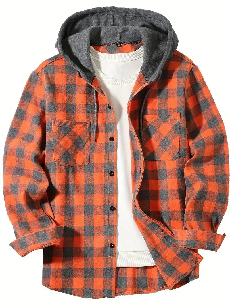Orange and gray plaid flannel hoodie shirt with front pockets for outdoor wear