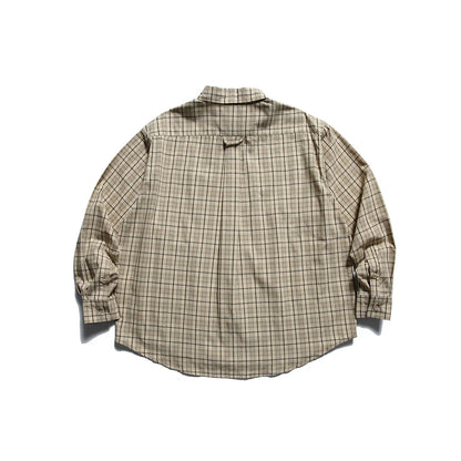Beige plaid long-sleeve outdoor shirt with button cuffs, shown from the back on a white background