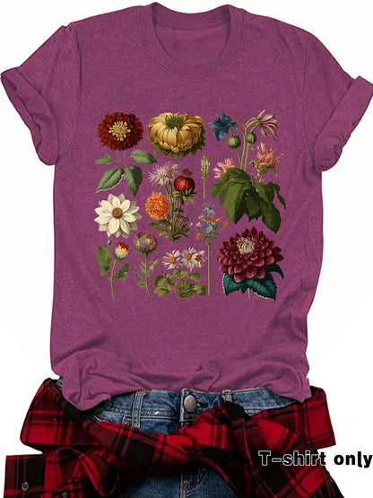 Purple t-shirt with colorful botanical flower print, styled with jeans and flannel shirt.