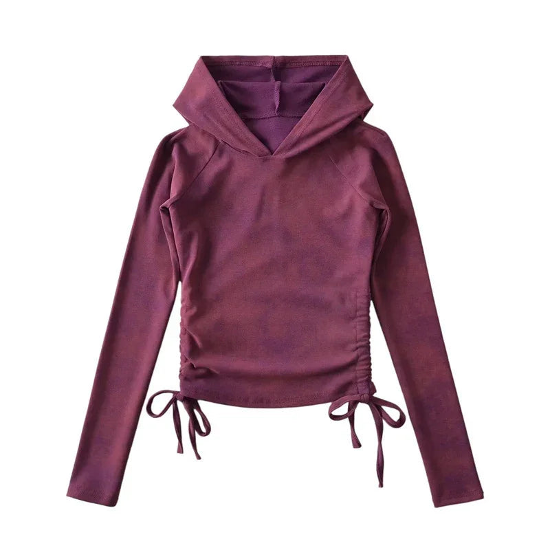 Purple hooded long sleeve top with adjustable drawstrings, outdoor apparel
