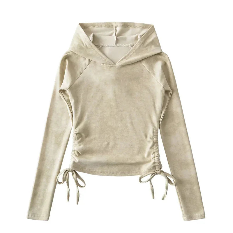 Beige long sleeve hoodie with ruched sides and drawstring hem, casual outdoor wear