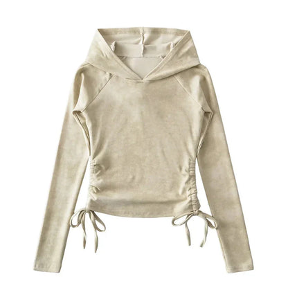 Beige long sleeve hoodie with ruched sides and drawstring hem, casual outdoor wear