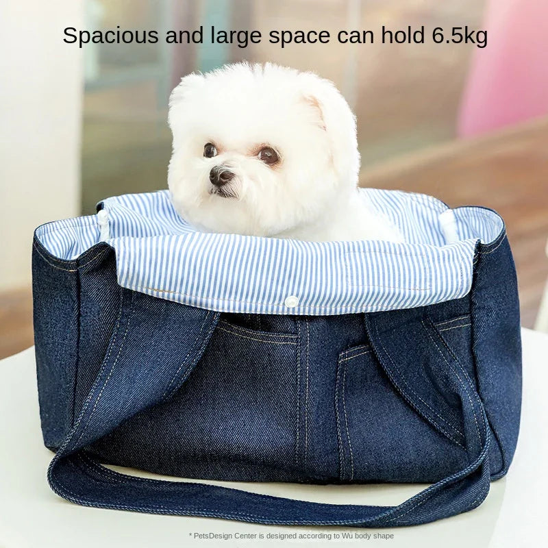 Dog Casual Denim Pocket Style Pet Carrier Backpack, Large Capacity, Crossbody Bag for Cats and Dogs
