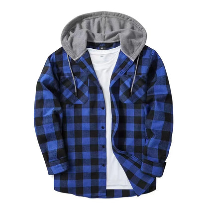 Blue and black plaid flannel shirt with gray hood and white inner shirt, outdoor clothing