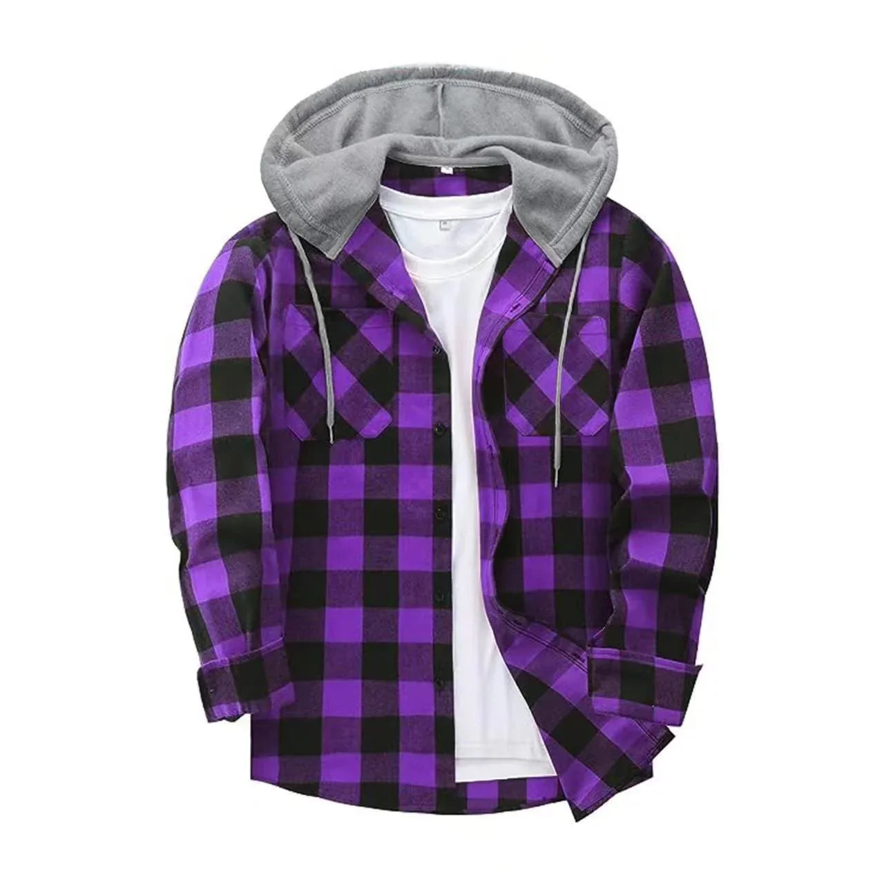 Purple and black plaid flannel shirt with gray hood and white inner shirt, laid flat