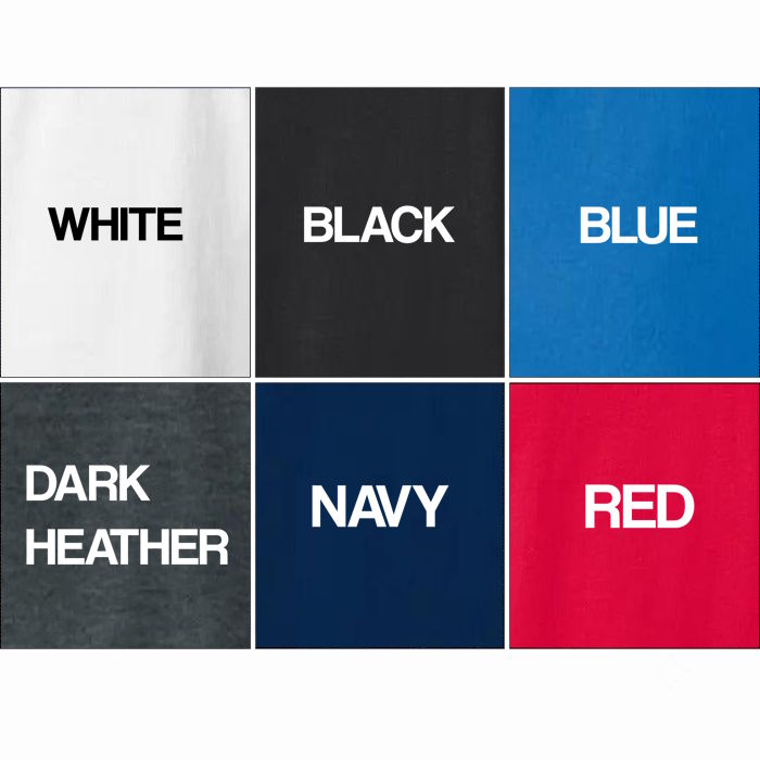 A six-color swatch grid showing fabric options labeled WHITE, BLACK, BLUE, DARK HEATHER, NAVY, and RED, each with white text on the fabric.