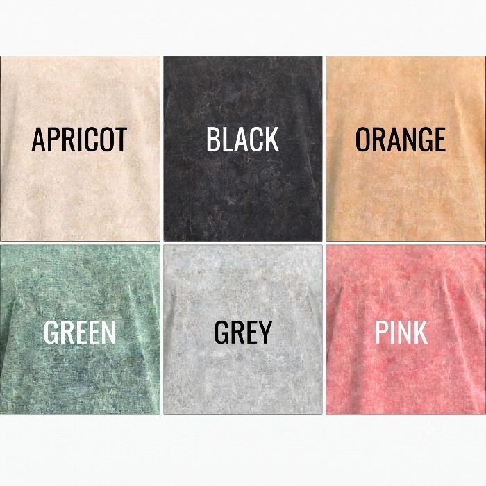 Six color options for a t-shirt are shown in a 2x3 grid, labeled APRICOT, BLACK, ORANGE, GREEN, GREY, and PINK. Each square shows a close-up of the fabric texture in that respective color with the color name printed in white capital letters.