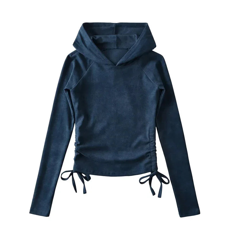 Navy blue long sleeve hooded sweatshirt with side drawstrings, outdoor apparel