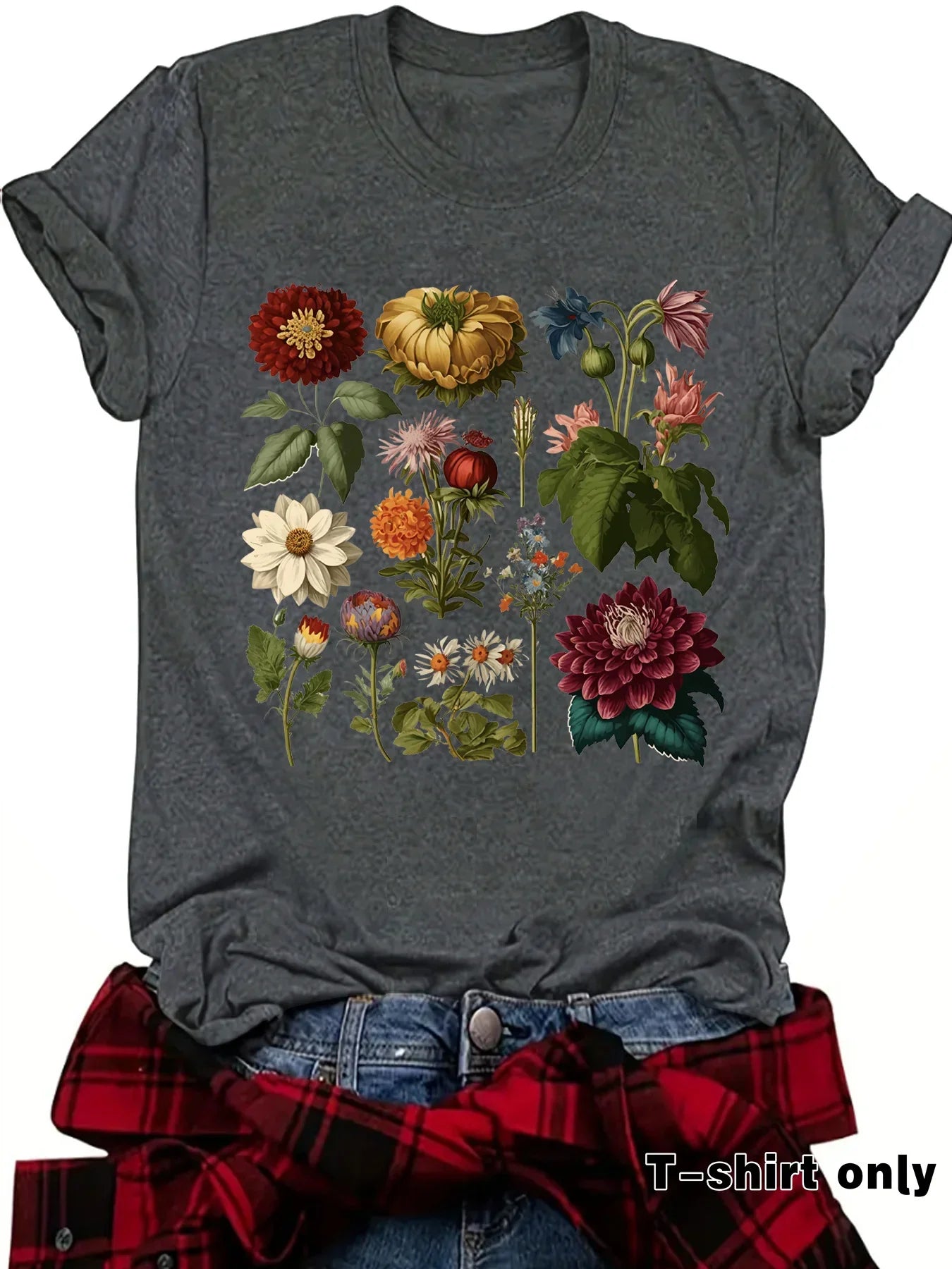 Grey t-shirt with colorful botanical flower print, casual outdoorsy style
