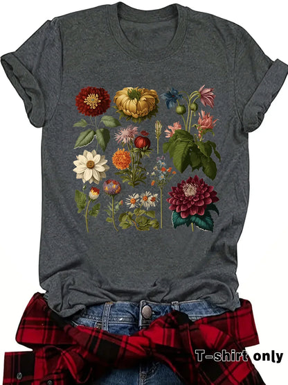 Grey t-shirt with colorful botanical flower print, casual outdoorsy style