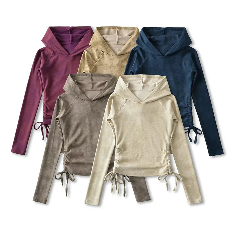 Five long sleeve hooded drawstring sweatshirts in assorted earthy colors on white background
