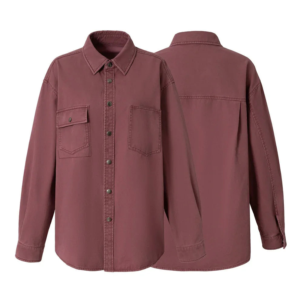 Dusty rose button-up shirt with chest pockets, long sleeves, front and back view
