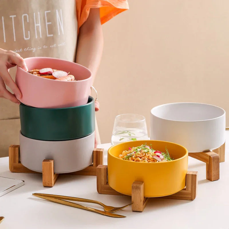 Tableware Wooden Shelf Salad Bowl Noodle Bowl Key Storage Pet Bowl Wooden Shelf Cat Bowl Ceramic Dog Food Double Bowl