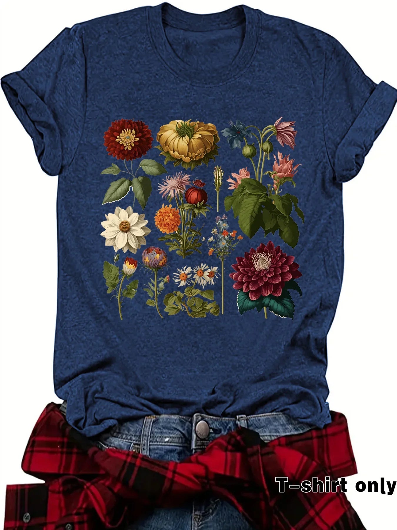 Blue t-shirt with colorful botanical floral print, casual style with rolled sleeves