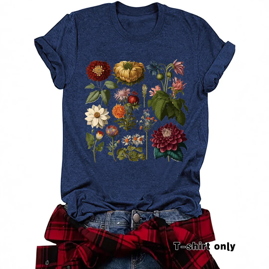 Blue t-shirt with vintage colorful botanical flower print, casual outdoor style