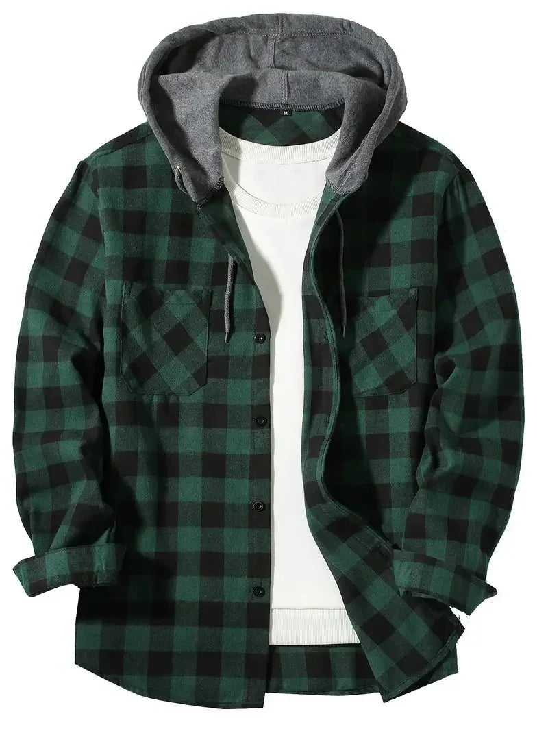 Green plaid flannel shirt with hood layered over white crewneck, outdoor camping style