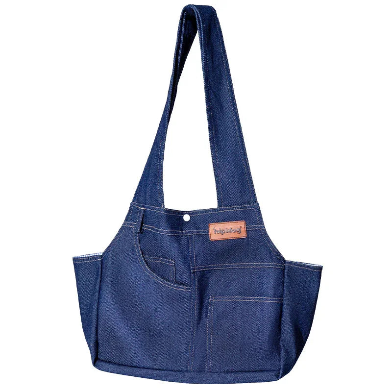 Dog Casual Denim Pocket Style Pet Carrier Backpack, Large Capacity, Crossbody Bag for Cats and Dogs