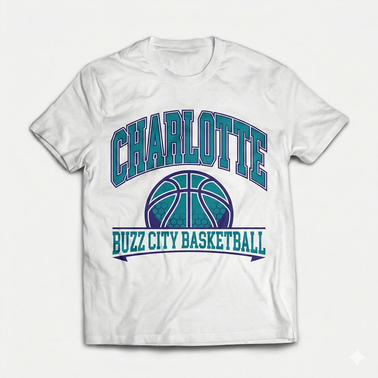 White t-shirt with CHARLOTTE Buzz City Basketball print and teal basketball graphic