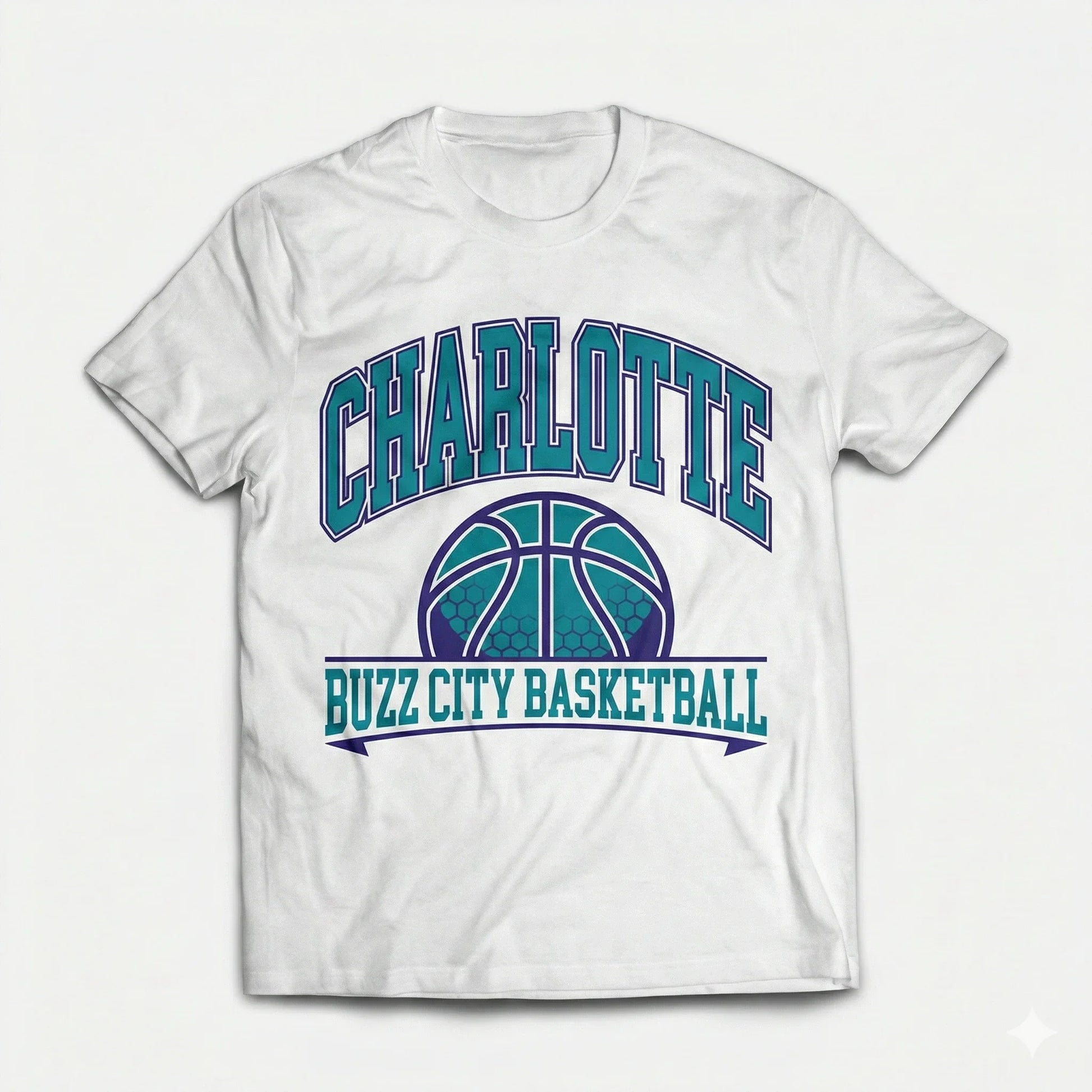 White t-shirt with CHARLOTTE Buzz City Basketball print and teal basketball graphic