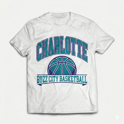 White t-shirt with CHARLOTTE Buzz City Basketball print and teal basketball graphic