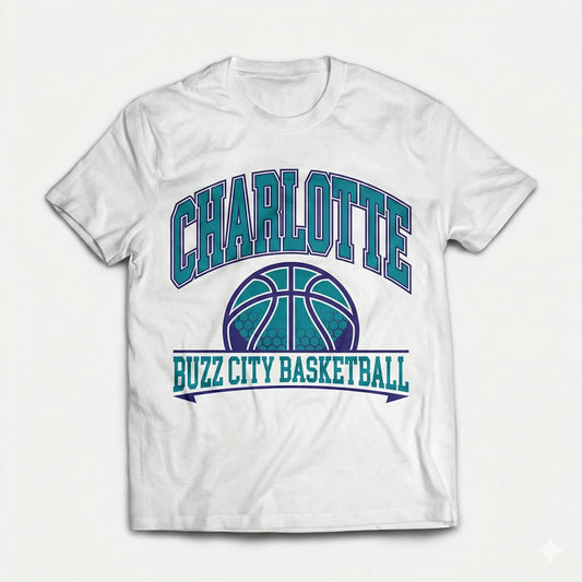 White t-shirt with CHARLOTTE Buzz City Basketball print and teal basketball graphic