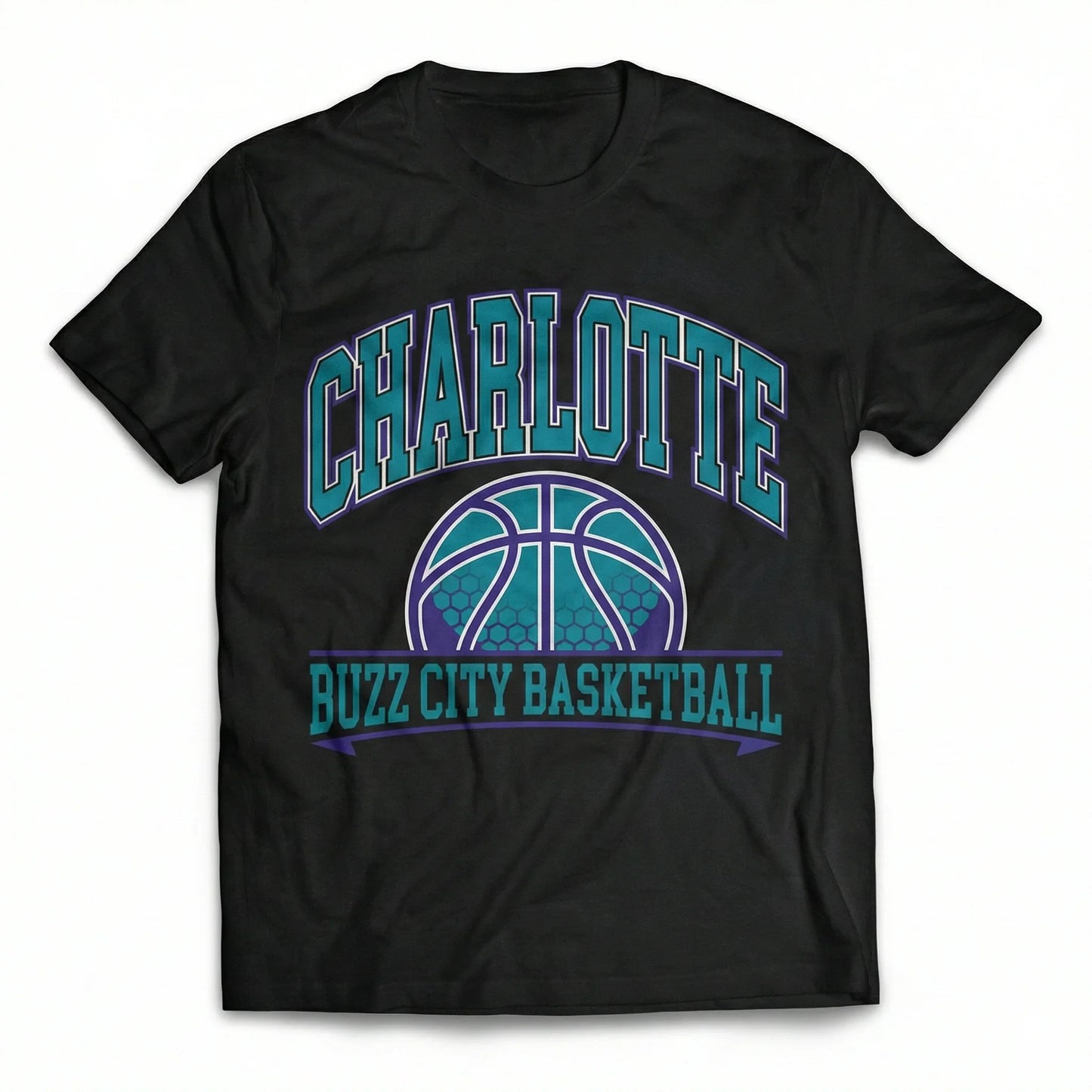 Black t-shirt with teal and purple Charlotte Buzz City Basketball graphic and basketball icon
