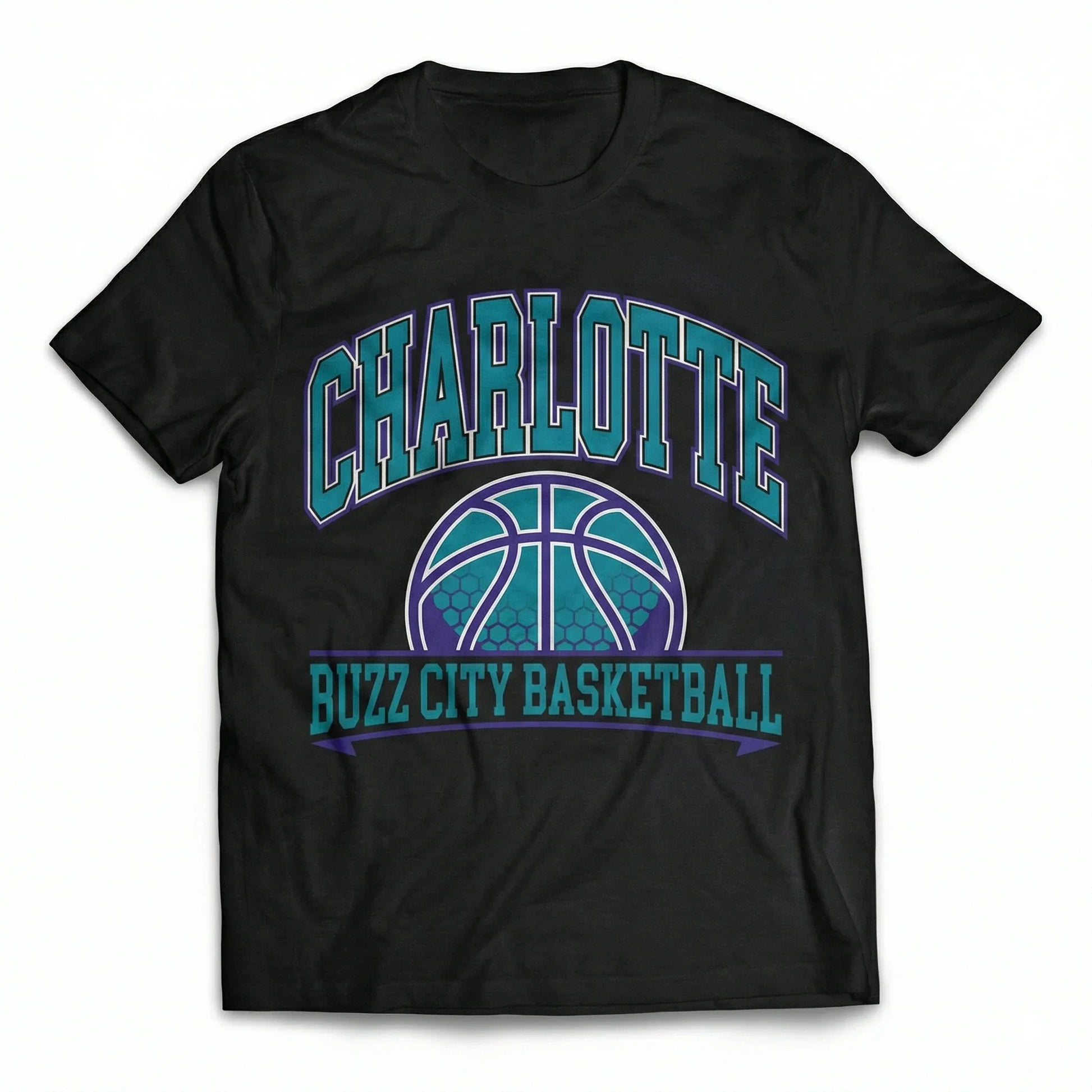 Black t-shirt with teal and purple Charlotte Buzz City Basketball graphic and basketball icon