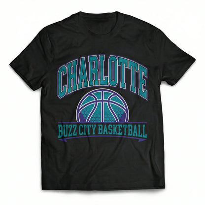 Black t-shirt with teal and purple Charlotte Buzz City Basketball graphic and basketball icon