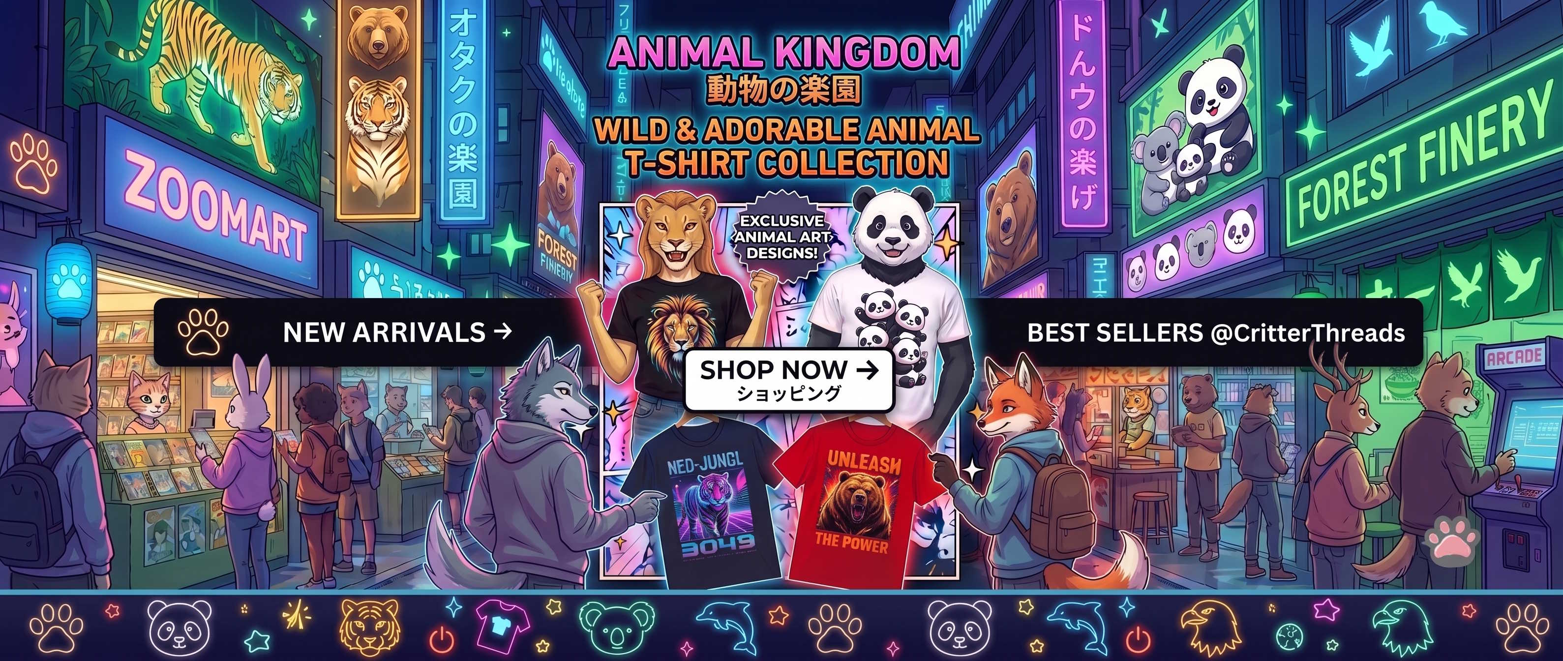 A colorful promotional banner for an animal-themed t-shirt collection, featuring cartoon animals in a neon-lit city scene with signs like 'ZOOMART', 'ANIMAL KINGDOM', and 'WILD & ADORABLE ANIMAL T-SHIRT COLLECTION'.