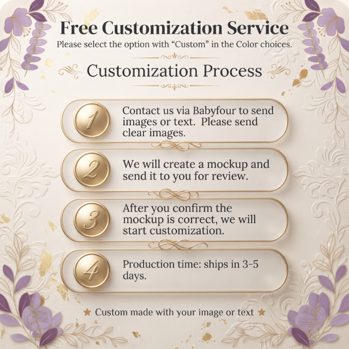 A promotional infographic detailing a free customization service and the 4-step customization process. The graphic features a cream-colored background with elegant gold floral patterns in the corners and purple accents.