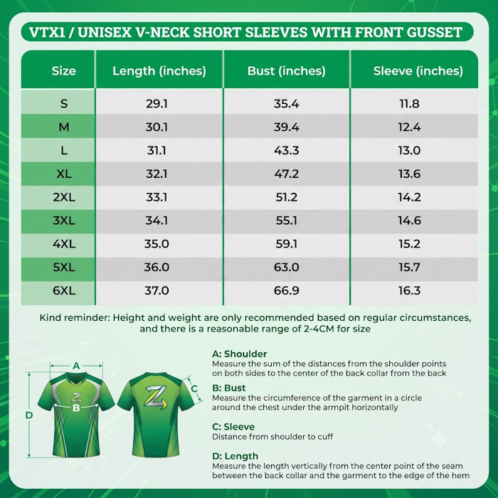 Jersey Size Chart in inches showing chest and body length measurements.
