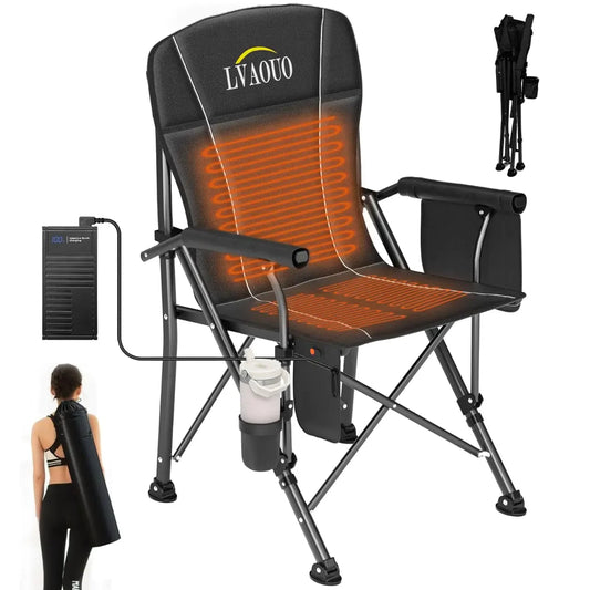LVAOUO Heated Camping Chair with 20000 mAh 12V Battery Pack Weight Bearing 600 lbs for Camp 3 Heat Levels and 3 Zone Heating Heated Folding Chairs Outdoor Sports Lawn Fishing Black