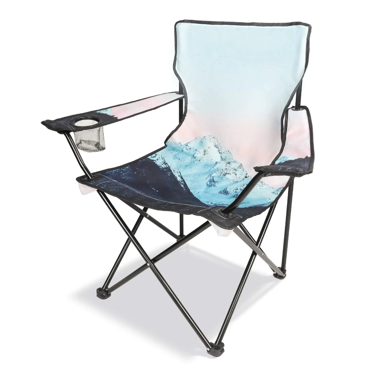 LANMOUNTAIN Folding Camping ChairPortable Lawn Chair w/Cup HolderCarry BagHeavy Duty Outdoor Camp Chair for AdultsPerfect for GardenHikingPicnics and Beach TripsWhite Snowy Mountain