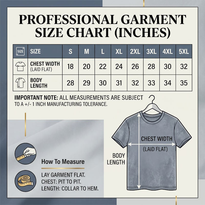 A professional garment size chart infographic in inches showing a size table from S to 5XL with chest width and body length measurements, plus measurement instructions and a labeled t-shirt illustration.