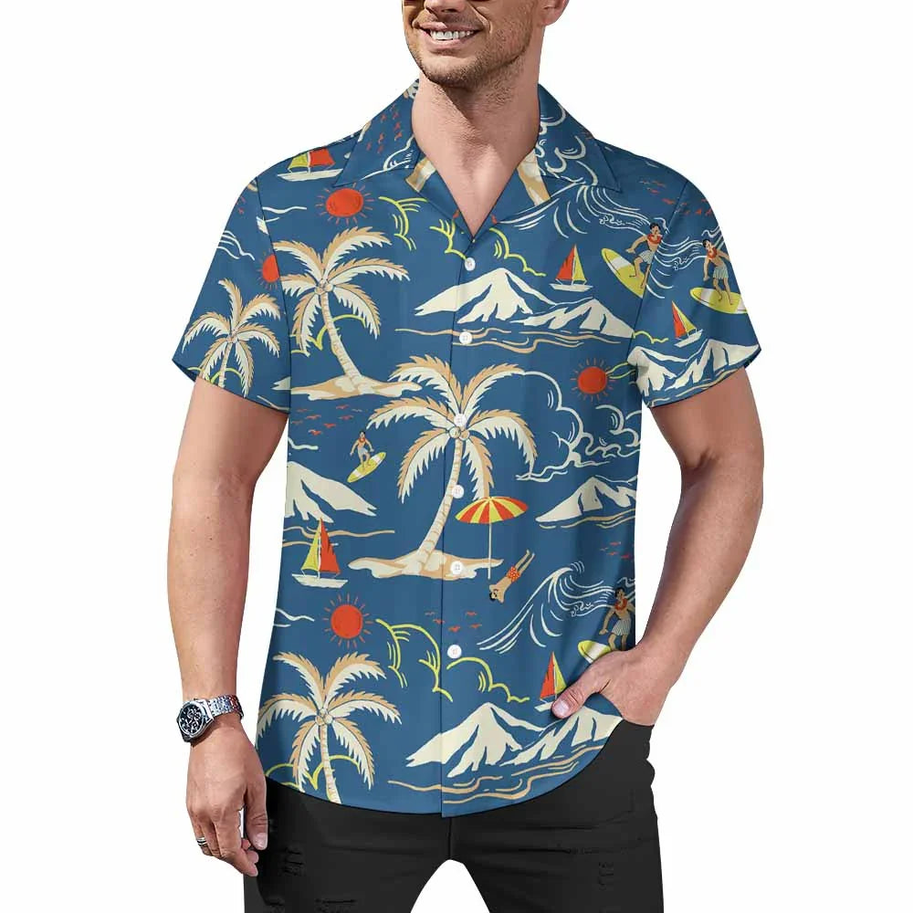 Man wearing a tropical short-sleeve shirt with palm trees, mountains, and ocean print