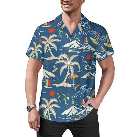 Man wearing a tropical short-sleeve shirt with palm trees, mountains, and ocean print
