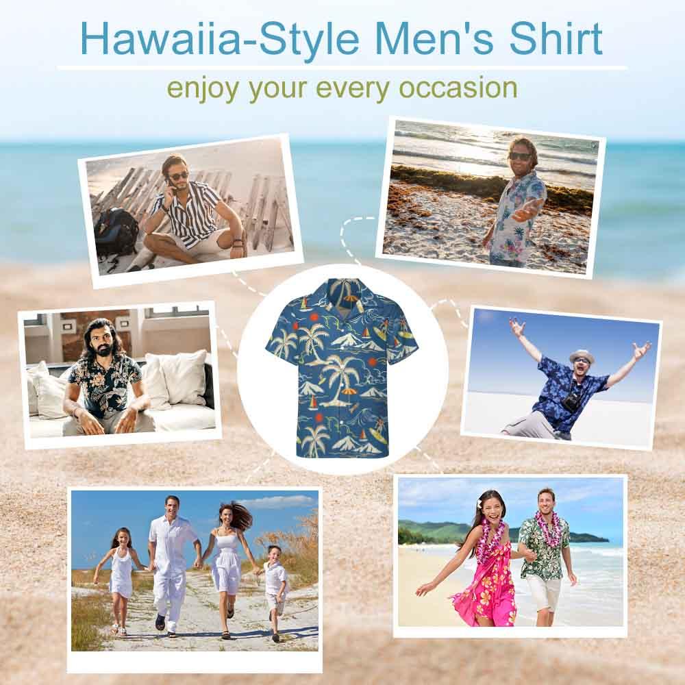 Hawaiian-style men's shirt displayed on a beach background, modeled for vacation and outdoor occasions.