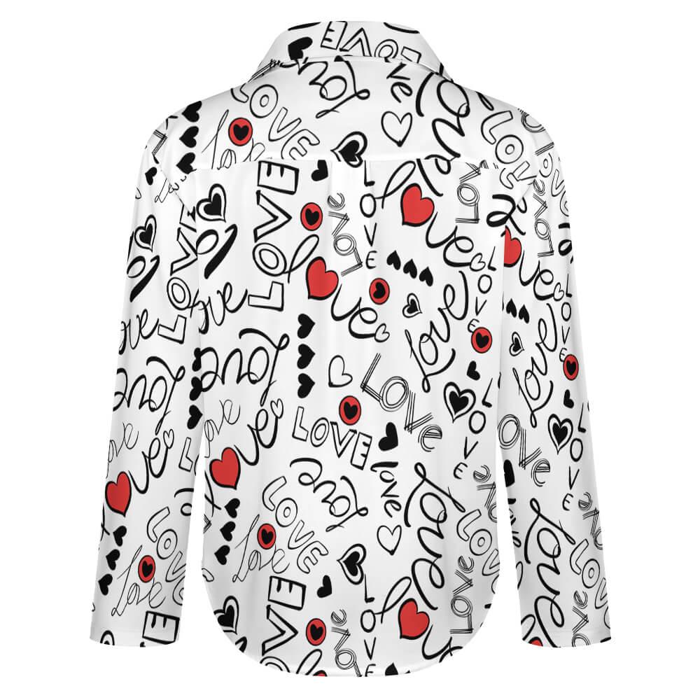 White long-sleeve shirt with black love text and red heart pattern, back view
