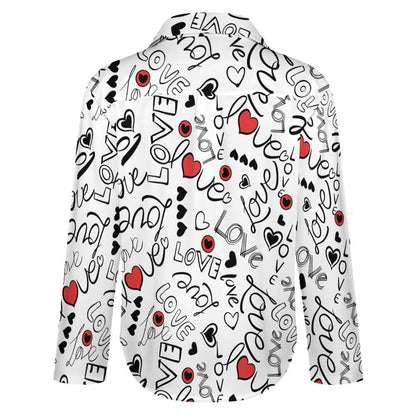 White long-sleeve shirt with black love text and red heart pattern, back view